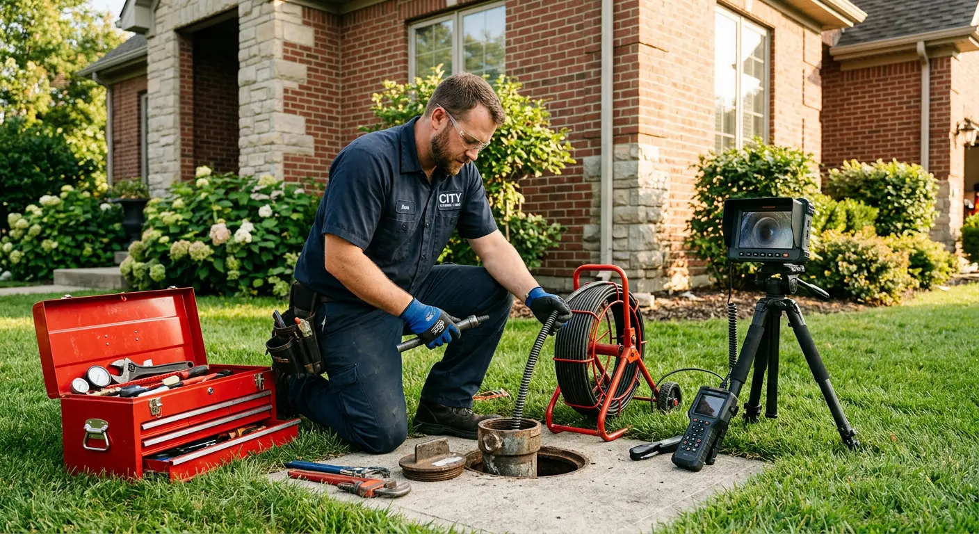 Sewer specialist with camera equipment servicing a cleanout in Edna