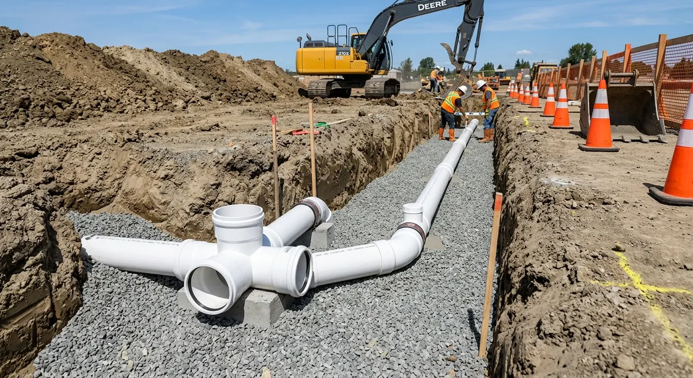 New PVC sewer pipe installation in open trench for Sewer Backup in Edna