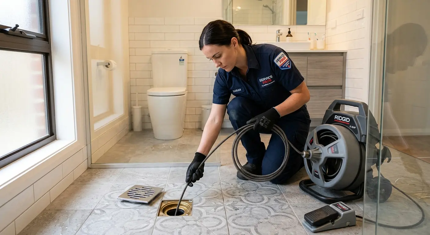Technician clearing a bathroom floor drain for Clogged Drain Repair in Edna